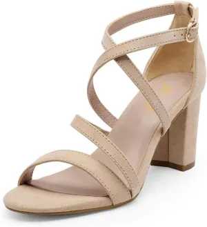 FOWT Women Strappy Open Toe Sandals Chunky Block Mid Heels Cross Strap Elegant Prom Dance Shoes Size 4-15 US