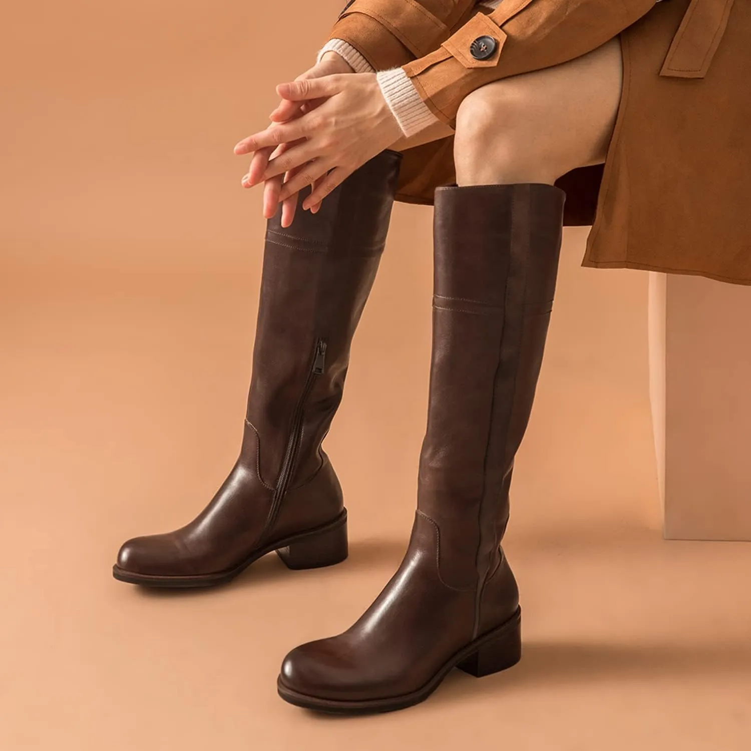 FOWT Women Wide Calf Low Chunky Heel Knee High Boots Zip-up Round Toe Western Riding Boots Pull On Fall Winter Shoes for Ladies US Size 4-16