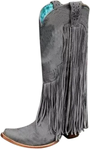 Fringe Cowboy Boots for Women Western Tassel Riding Cowgirl Boots Pull on Mid Calf Boots Fashion Buckle Boots