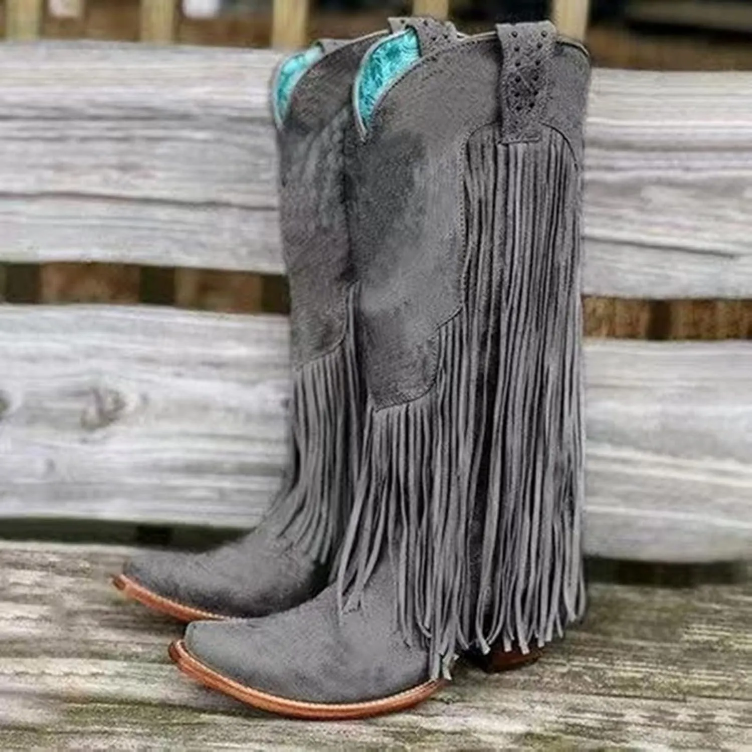 Fringe Cowboy Boots for Women Western Tassel Riding Cowgirl Boots Pull on Mid Calf Boots Fashion Buckle Boots