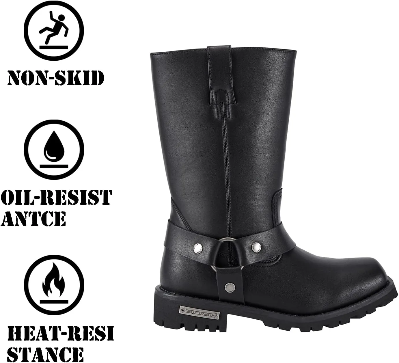GARGOYLE BELLS Mens Harness Straps Motorcycle Leather Boots Black Waterproof Biker Boots For Men- Low Heel Riding Boots