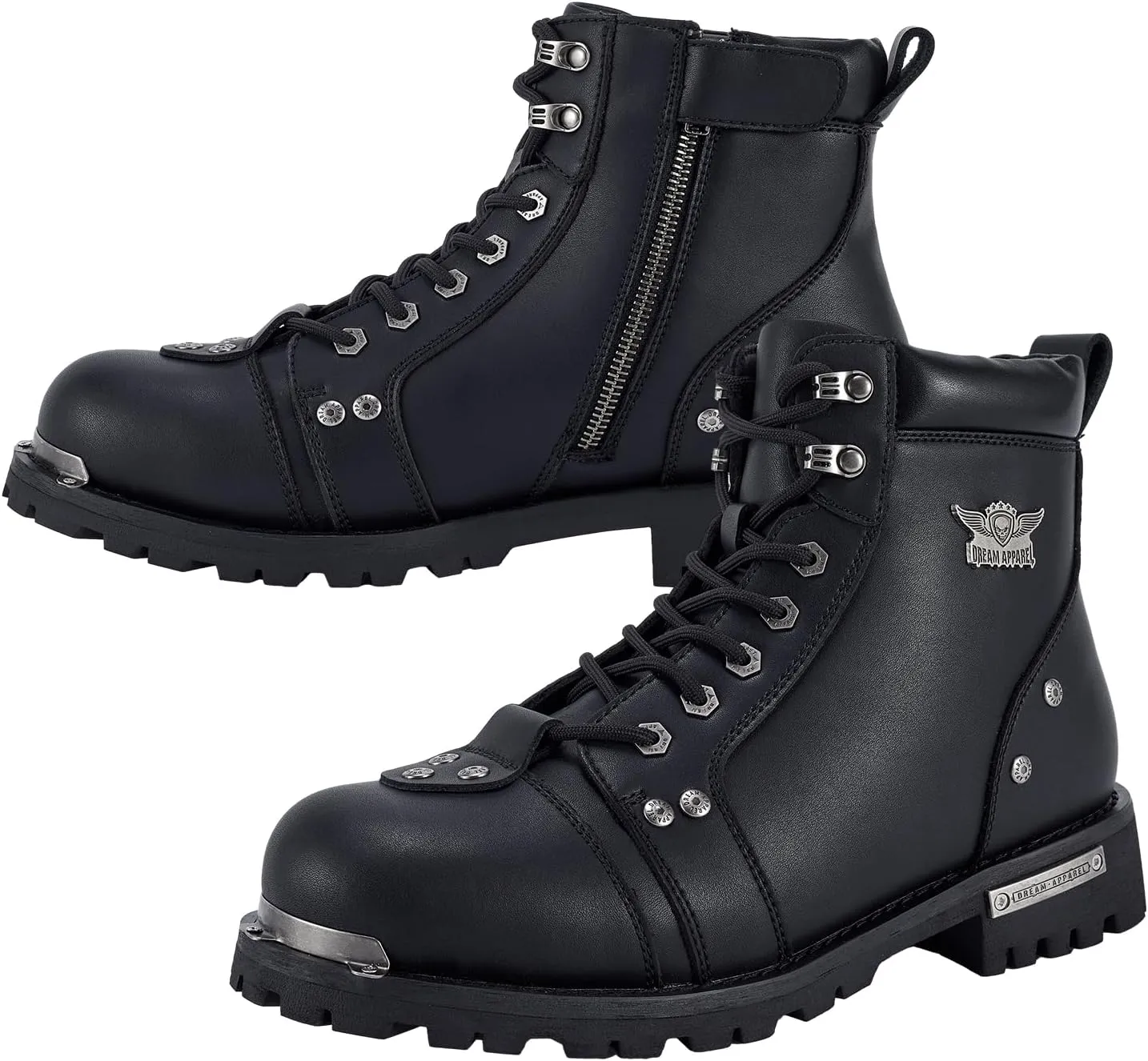 GARGOYLE BELLS Men's Motorcycle Boots PU Leather Combat Boots for Men Biker Boots with Lace-Up and Side Zipper (Black, US Footwear Size System, Adult, Women, Numeric, Medium, 10)