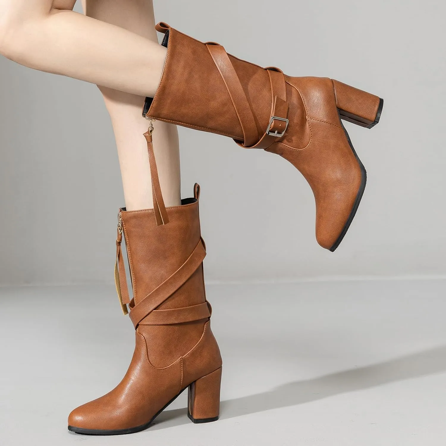 Gicoiz Buckle Strappy Women Vintage Mid Calf Riding Boots