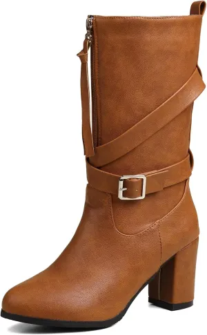 Gicoiz Buckle Strappy Women Vintage Mid Calf Riding Boots