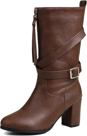 Gicoiz Buckle Strappy Women Vintage Mid Calf Riding Boots