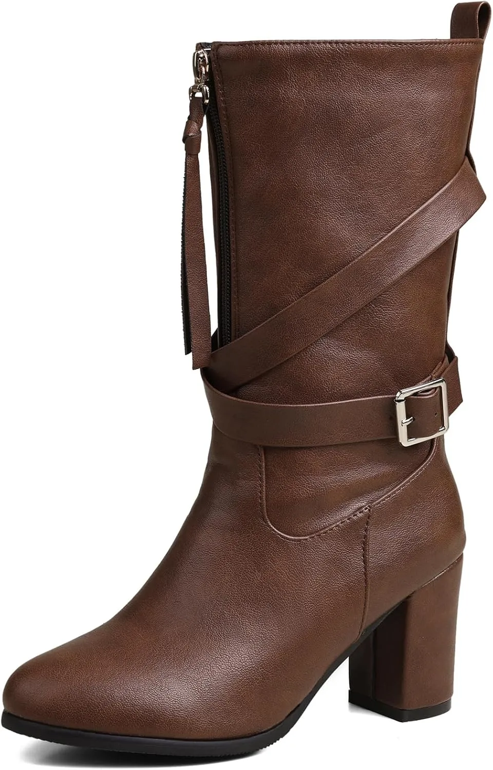 Gicoiz Buckle Strappy Women Vintage Mid Calf Riding Boots