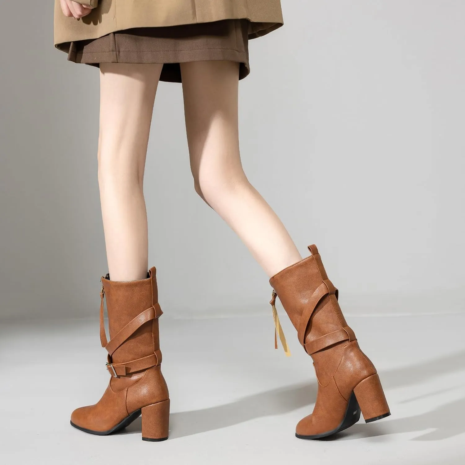 Gicoiz Buckle Strappy Women Vintage Mid Calf Riding Boots