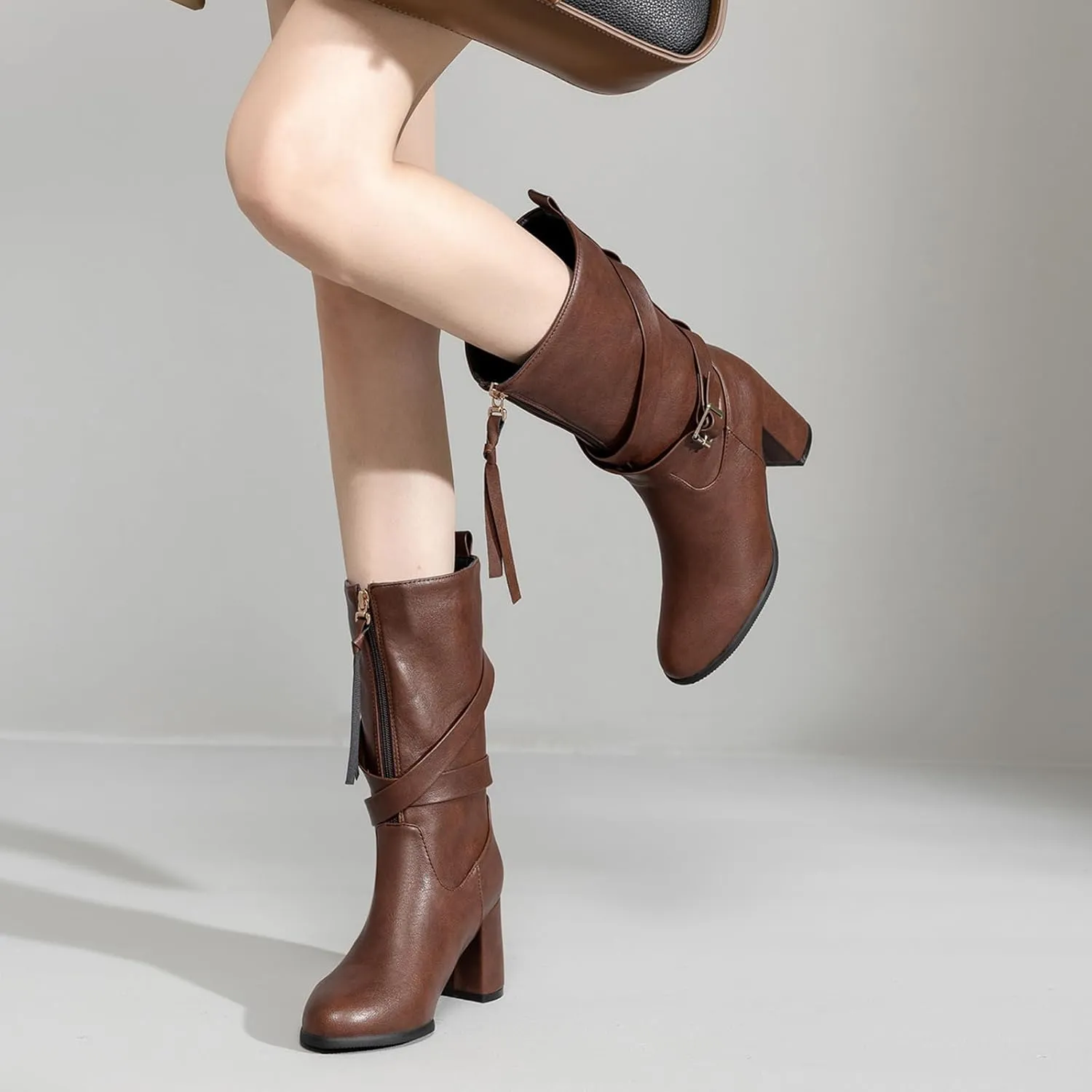 Gicoiz Buckle Strappy Women Vintage Mid Calf Riding Boots