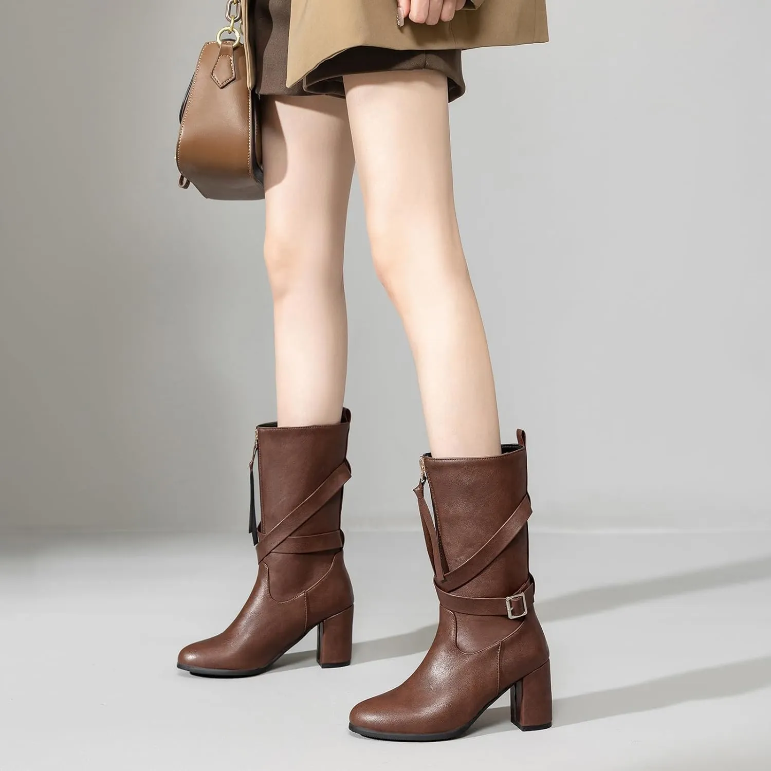 Gicoiz Buckle Strappy Women Vintage Mid Calf Riding Boots