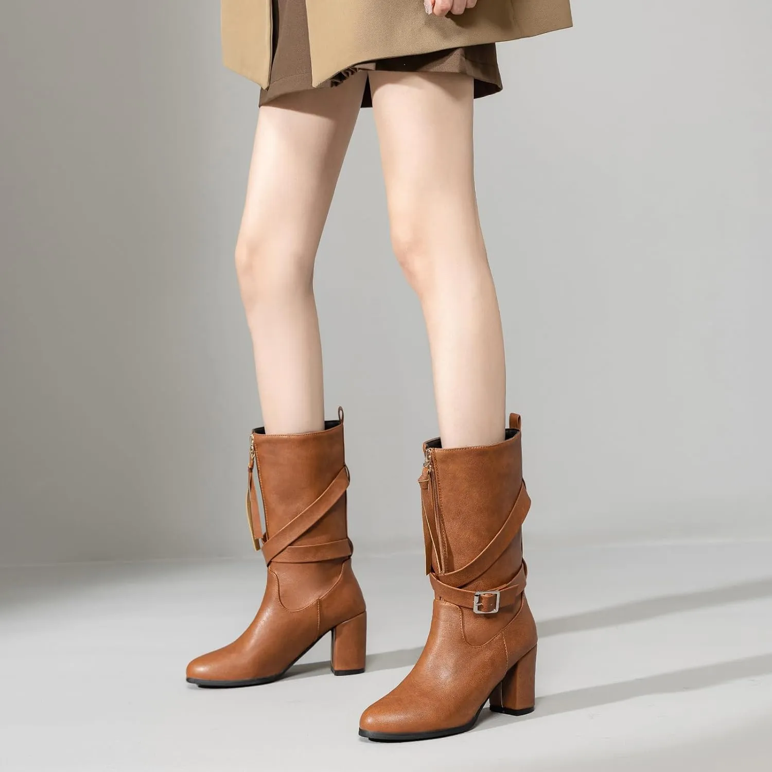Gicoiz Buckle Strappy Women Vintage Mid Calf Riding Boots