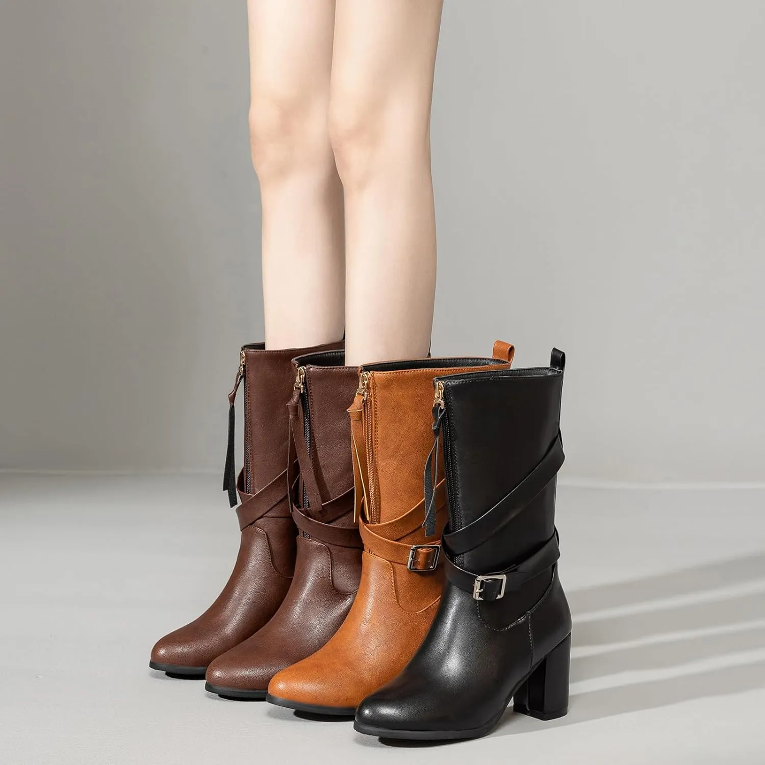 Gicoiz Buckle Strappy Women Vintage Mid Calf Riding Boots