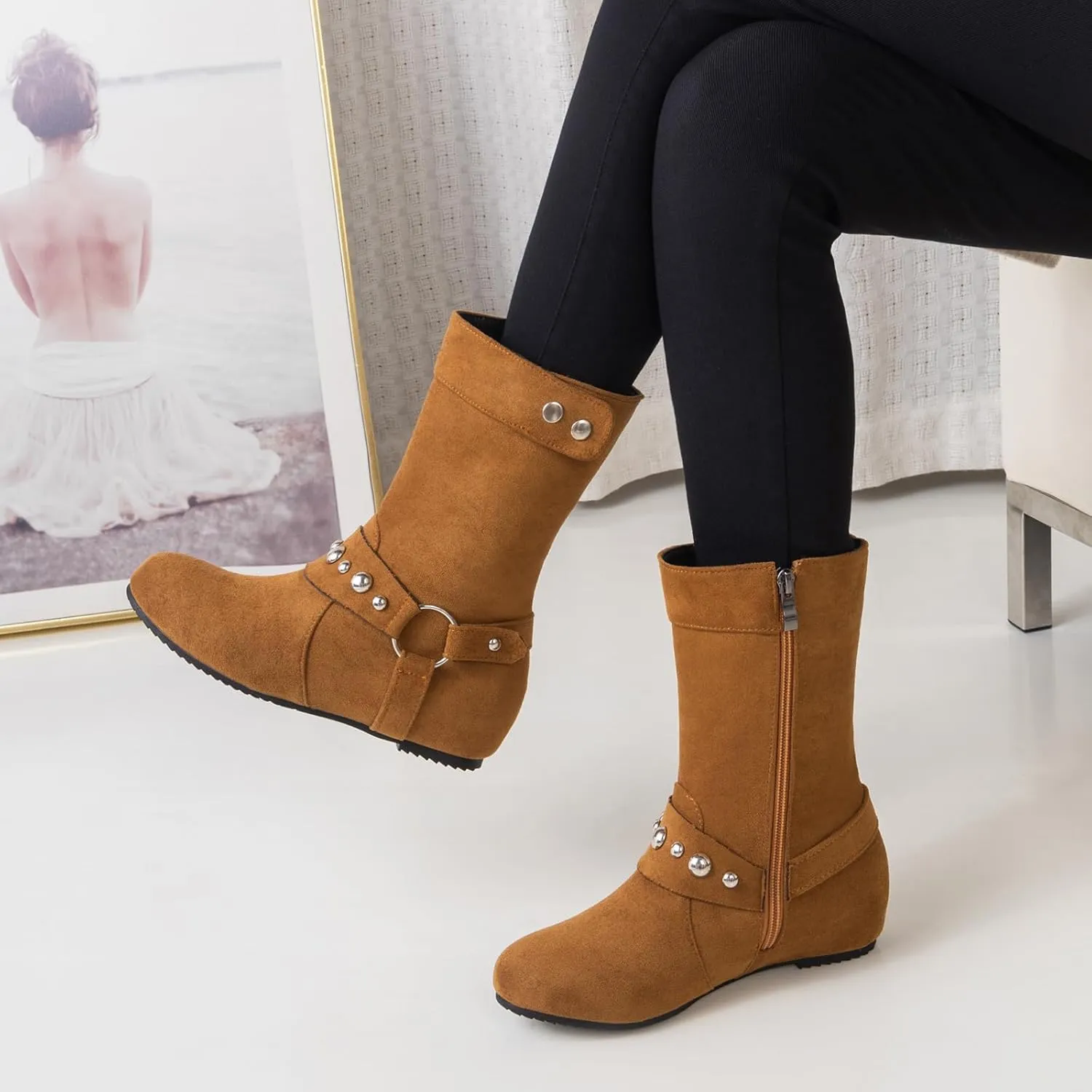 Gicoiz Women Mid Calf Wedge Moccasin Harness Riding Boots