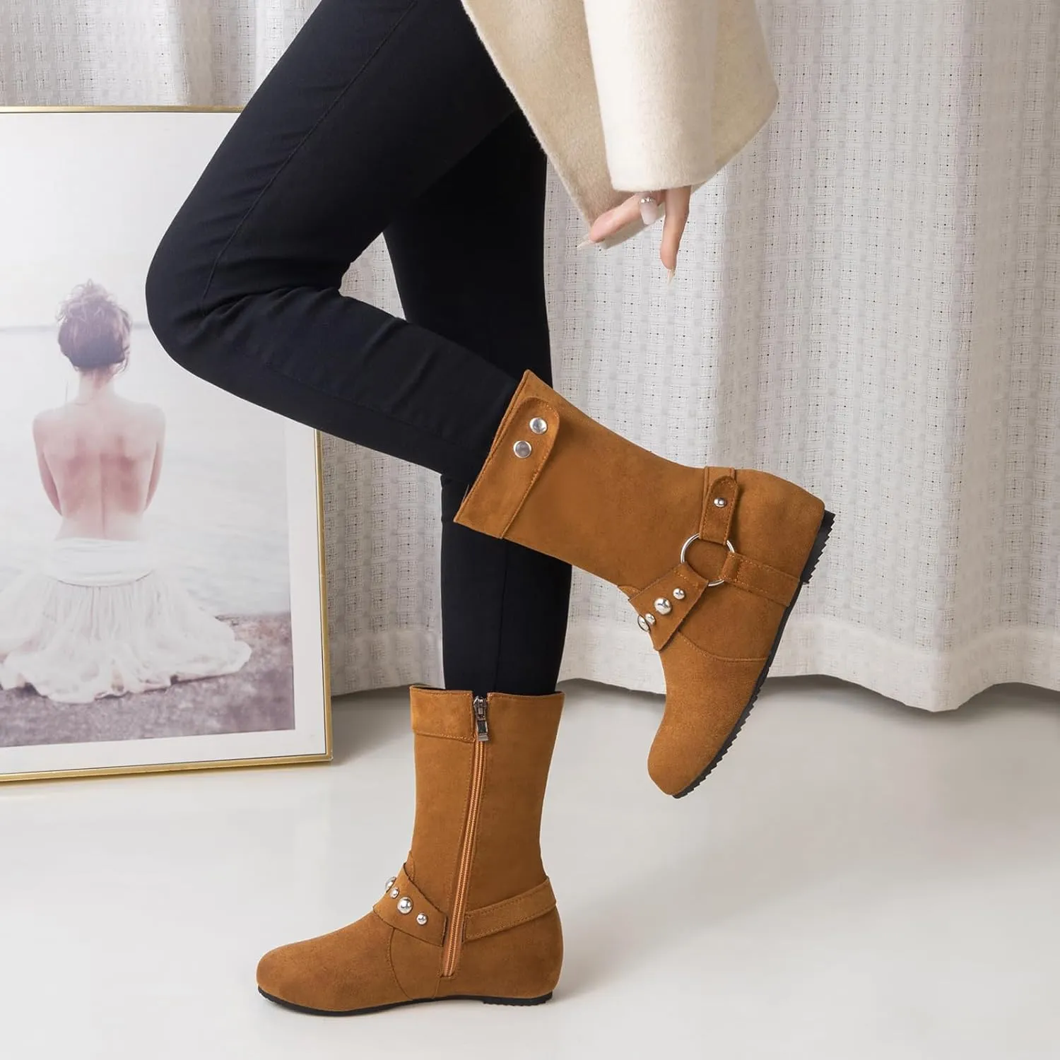 Gicoiz Women Mid Calf Wedge Moccasin Harness Riding Boots
