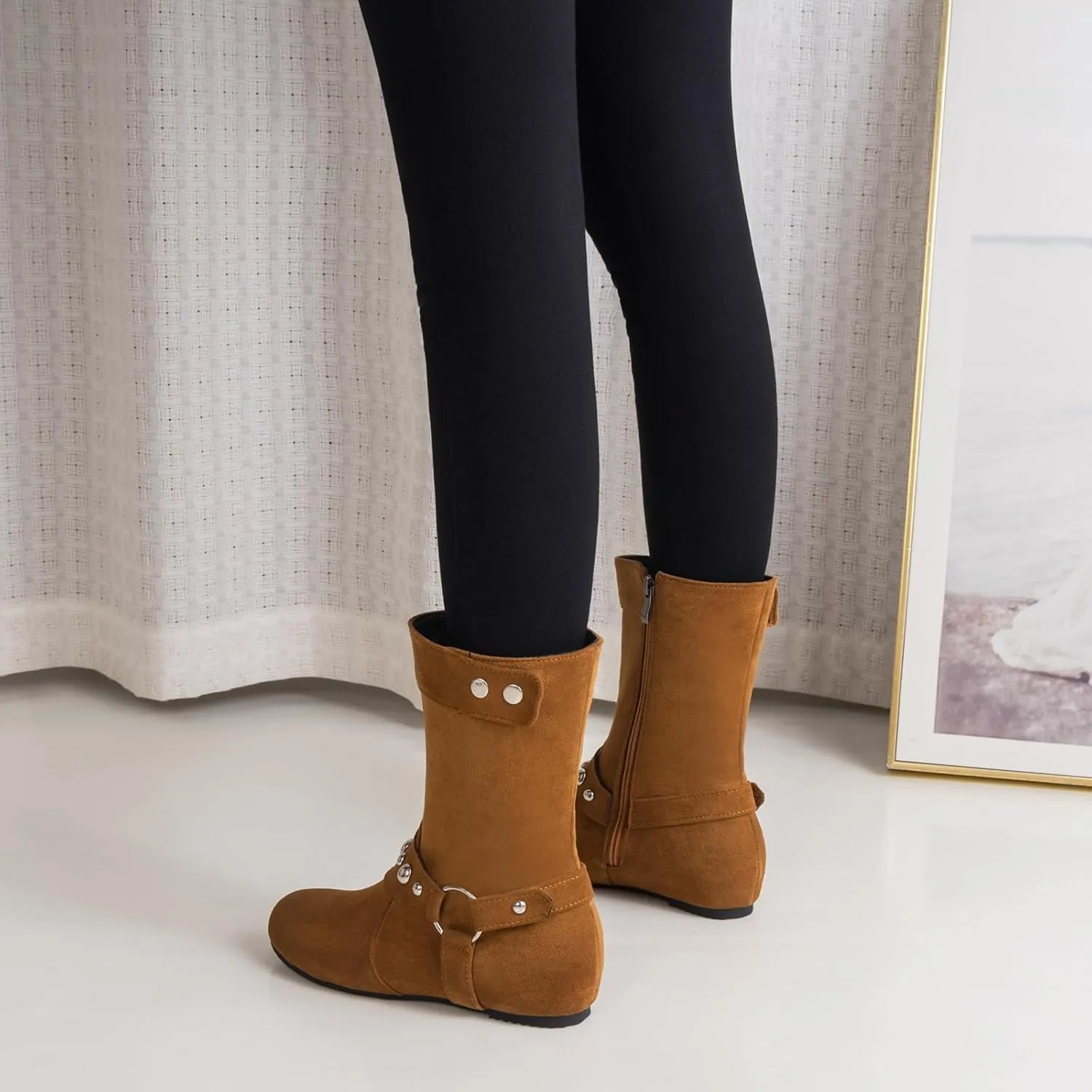 Gicoiz Women Mid Calf Wedge Moccasin Harness Riding Boots