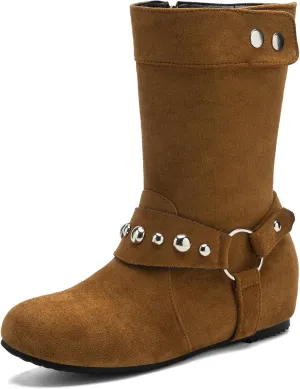 Gicoiz Women Mid Calf Wedge Moccasin Harness Riding Boots