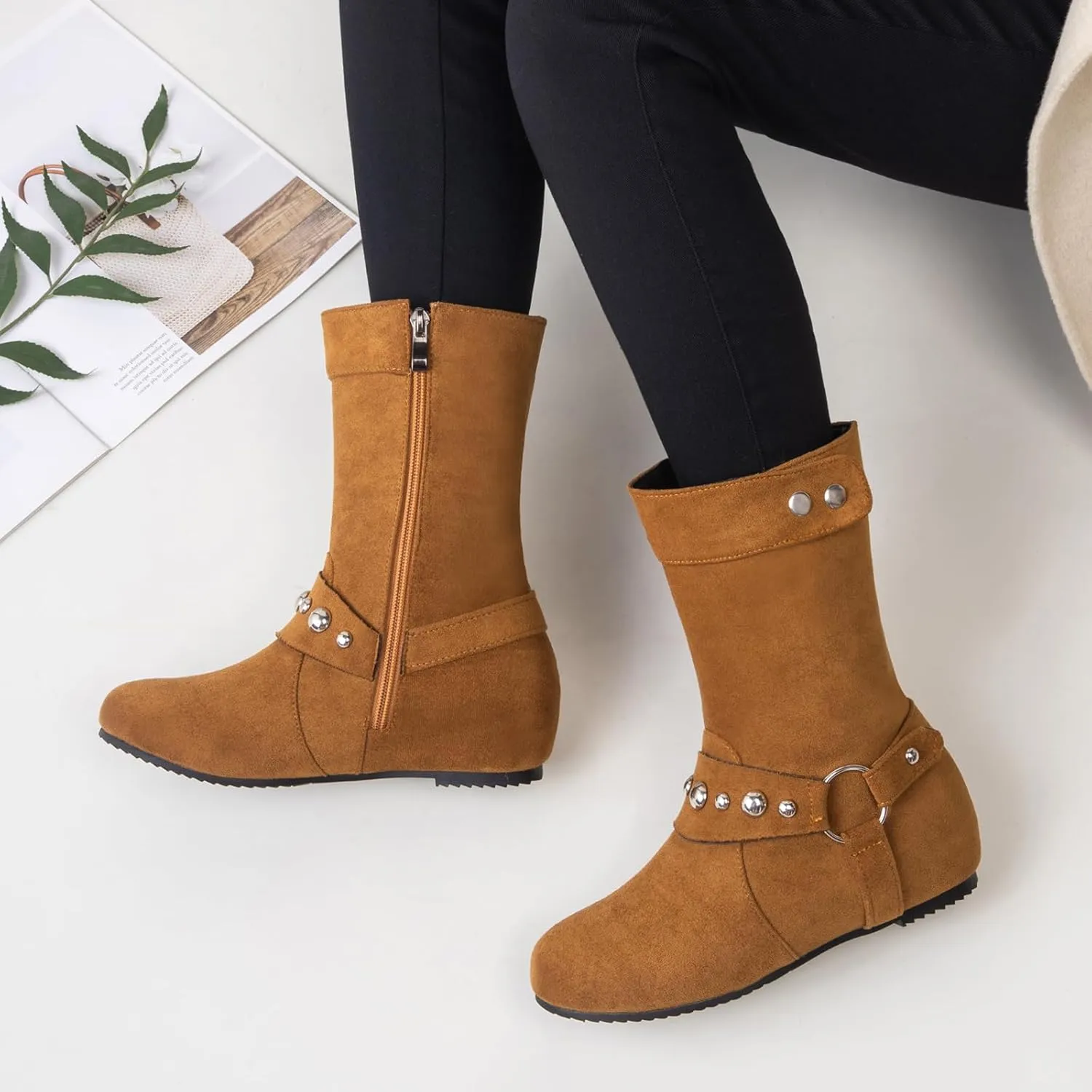 Gicoiz Women Mid Calf Wedge Moccasin Harness Riding Boots