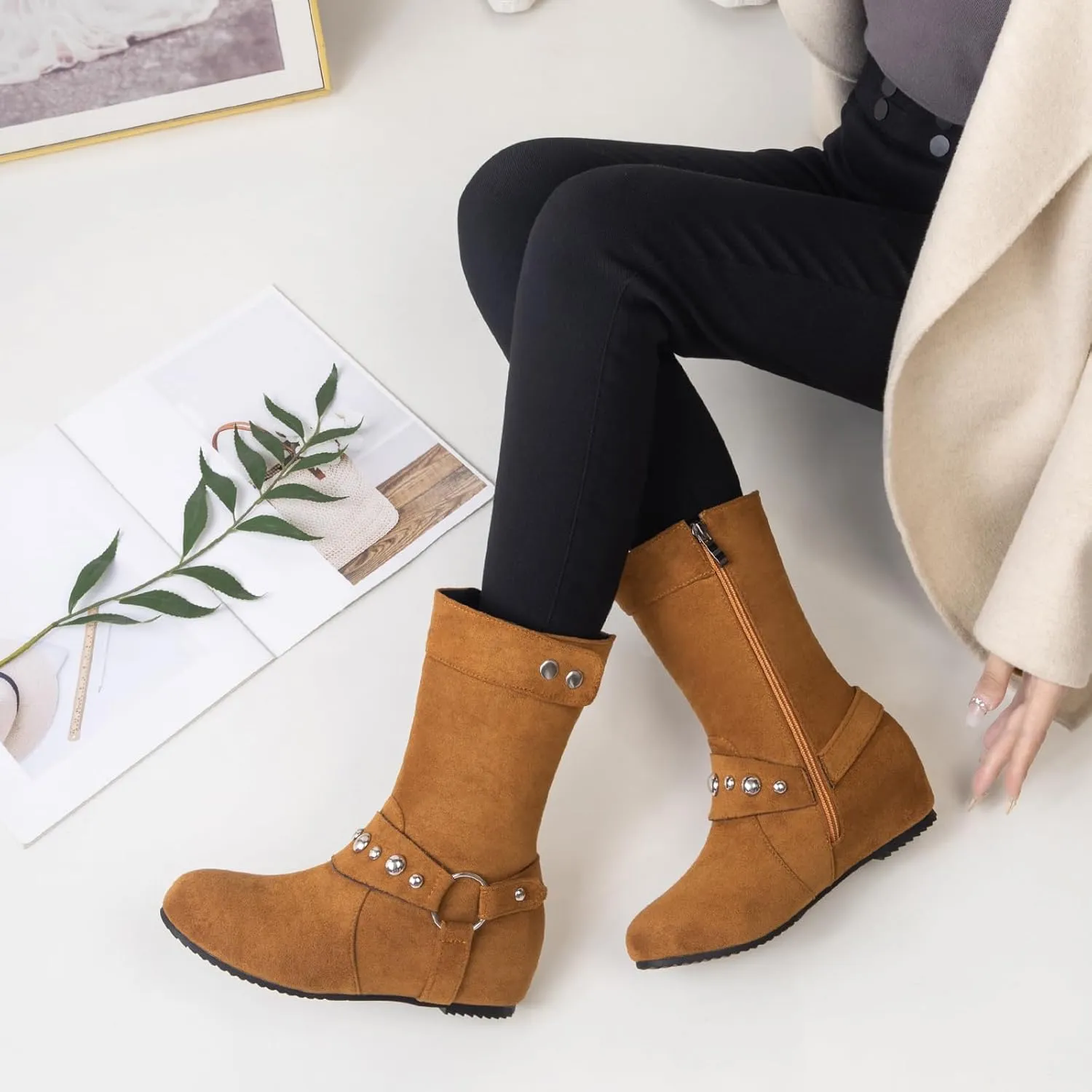 Gicoiz Women Mid Calf Wedge Moccasin Harness Riding Boots