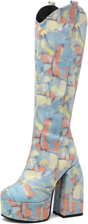 Gicoiz Women Round Toe Knee High Chunky Heel Riding Boots