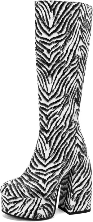 Gicoiz Women Round Toe Knee High Chunky Heel Riding Boots