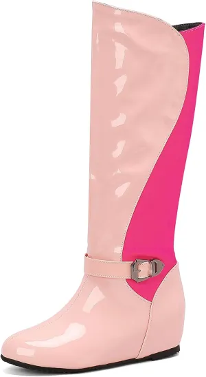 Gicoiz Women Round Toe Knee High Patent Wedge Riding Boots