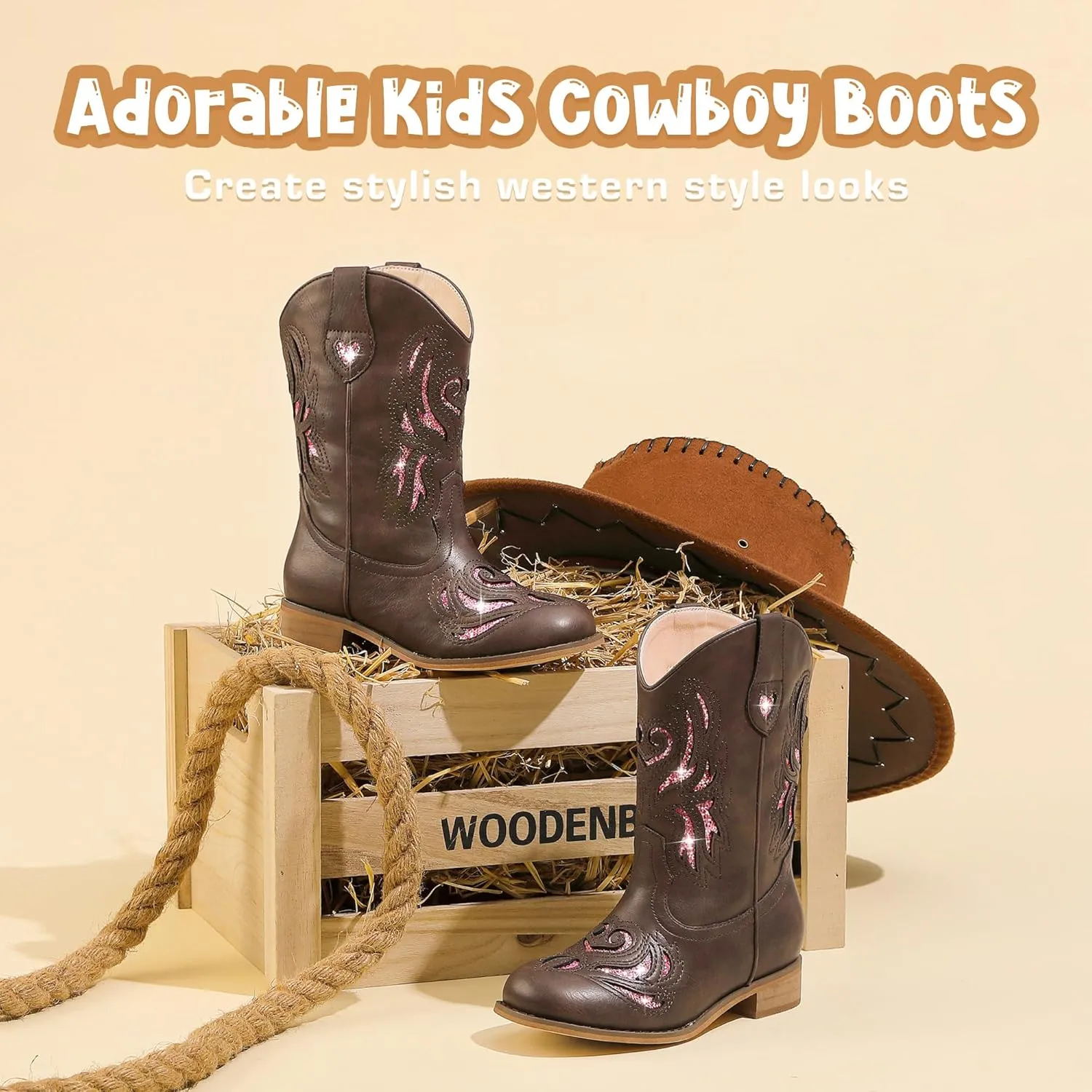 Girls Cowgirl Boot Glitter Kids Cowboy Boots Western BoysCowboy Mid Calf Square Toe Toddler Little Kid/Big Kid Party Birthday Riding Shoes