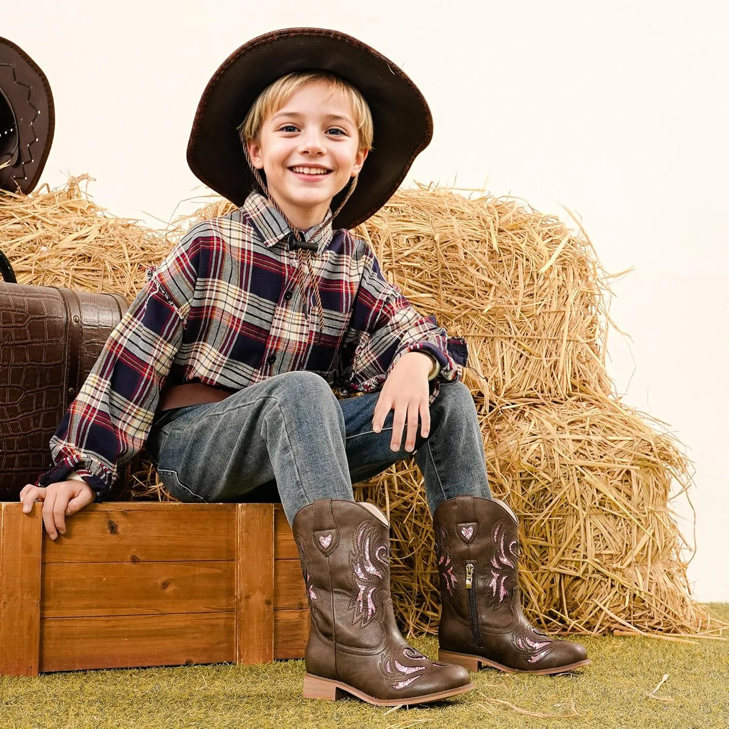 Girls Cowgirl Boot Glitter Kids Cowboy Boots Western BoysCowboy Mid Calf Square Toe Toddler Little Kid/Big Kid Party Birthday Riding Shoes