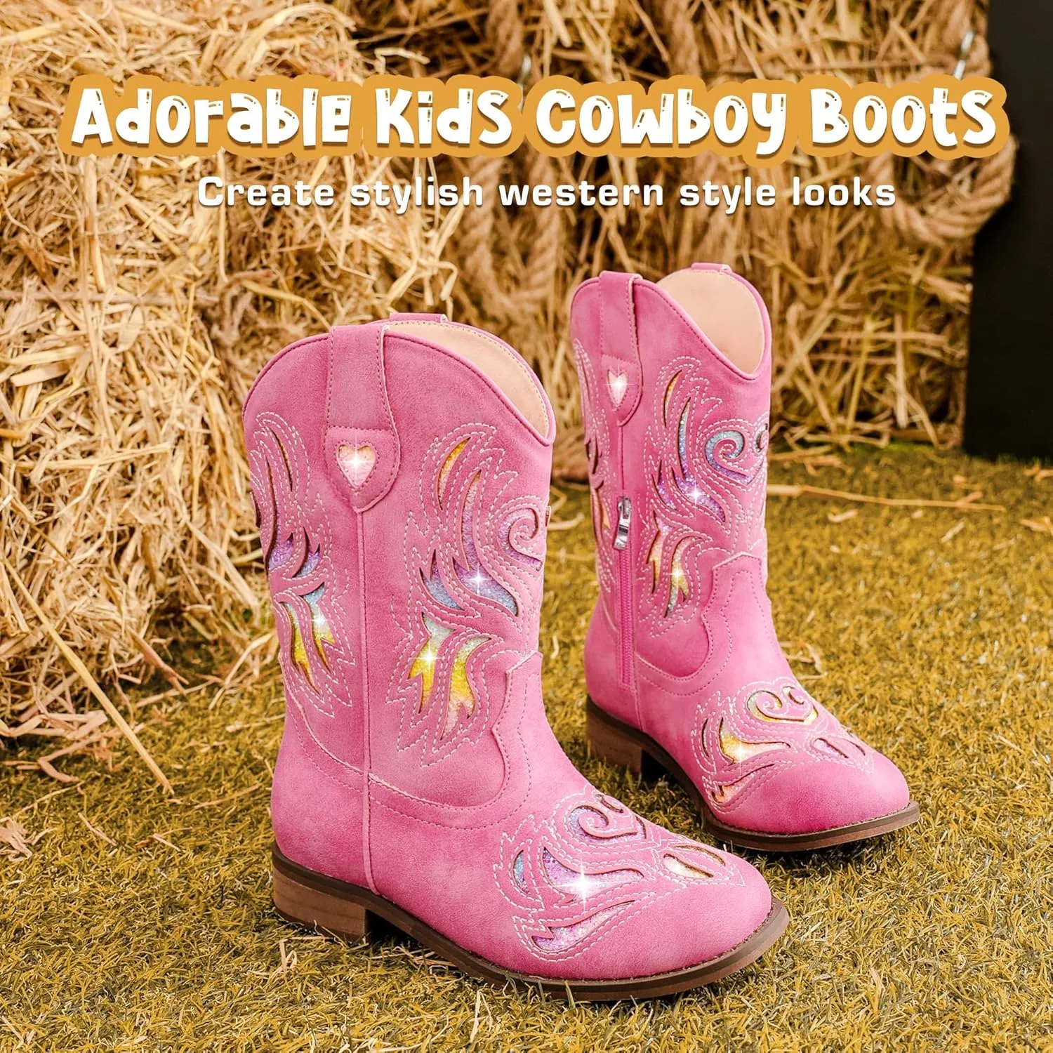 Girls Cowgirl Boot Glitter Kids Cowboy Boots Western BoysCowboy Mid Calf Square Toe Toddler Little Kid/Big Kid Party Birthday Riding Shoes