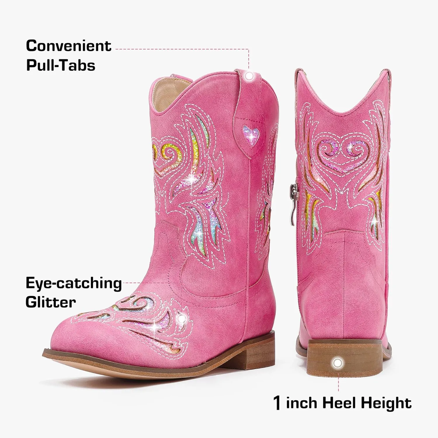 Girls Cowgirl Boot Glitter Kids Cowboy Boots Western BoysCowboy Mid Calf Square Toe Toddler Little Kid/Big Kid Party Birthday Riding Shoes
