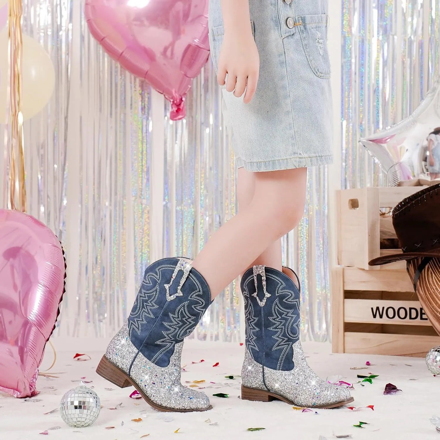 Girls Cowgirl Boots Mid Calf Square Toe Western Boot for Kids Glitter Cowboy Boot in Party for Toddler Little Big Girls Riding Shoes