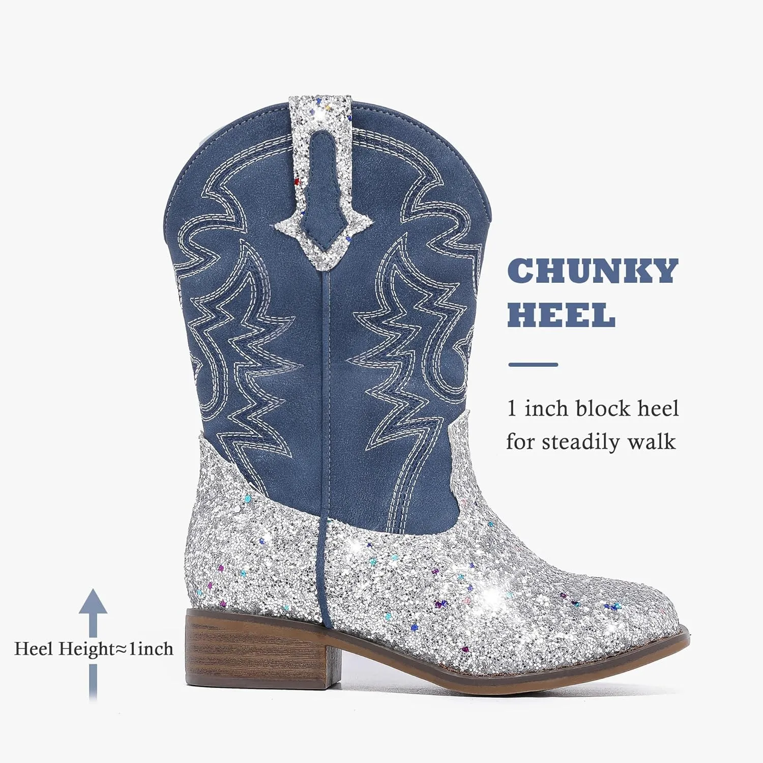 Girls Cowgirl Boots Mid Calf Square Toe Western Boot for Kids Glitter Cowboy Boot in Party for Toddler Little Big Girls Riding Shoes