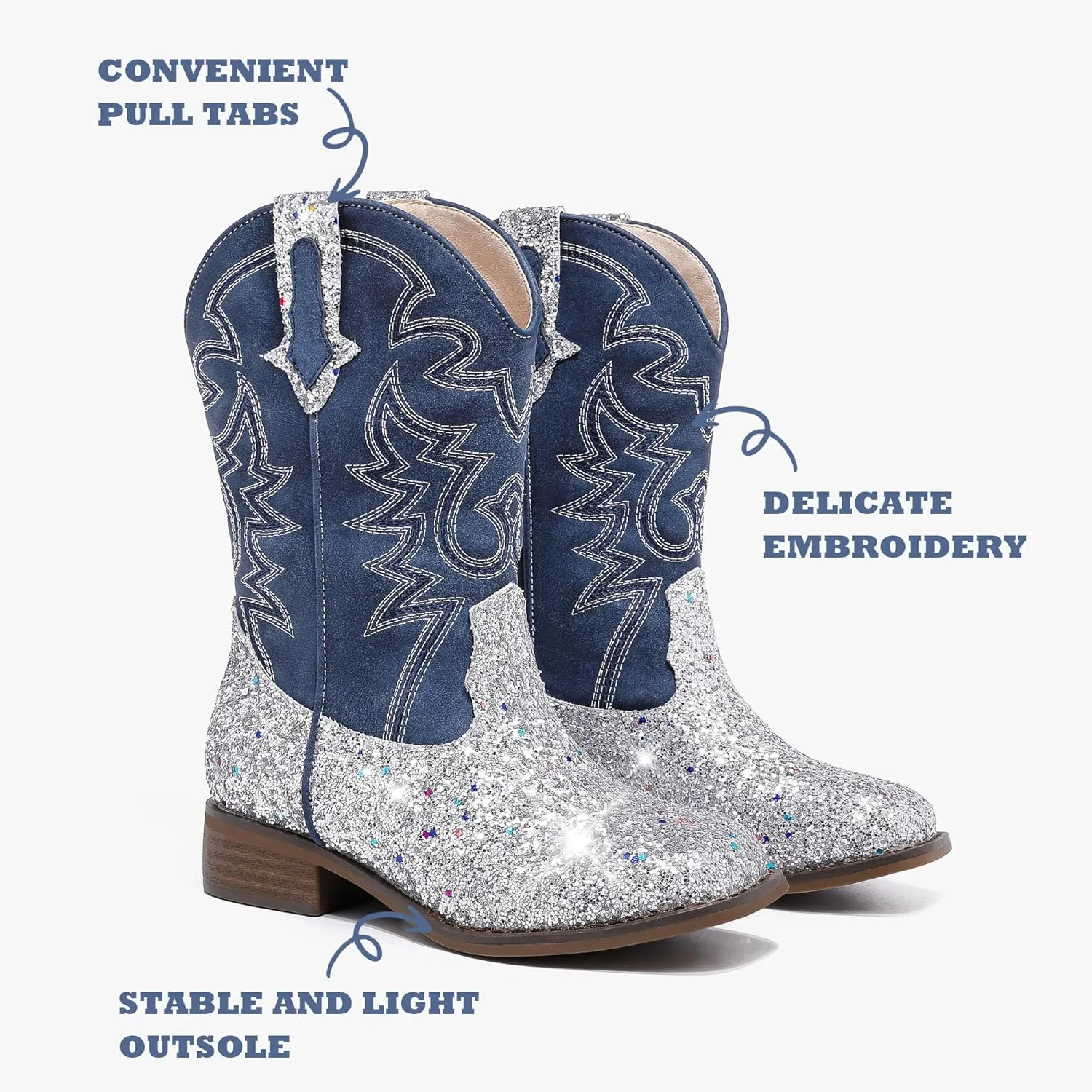 Girls Cowgirl Boots Mid Calf Square Toe Western Boot for Kids Glitter Cowboy Boot in Party for Toddler Little Big Girls Riding Shoes