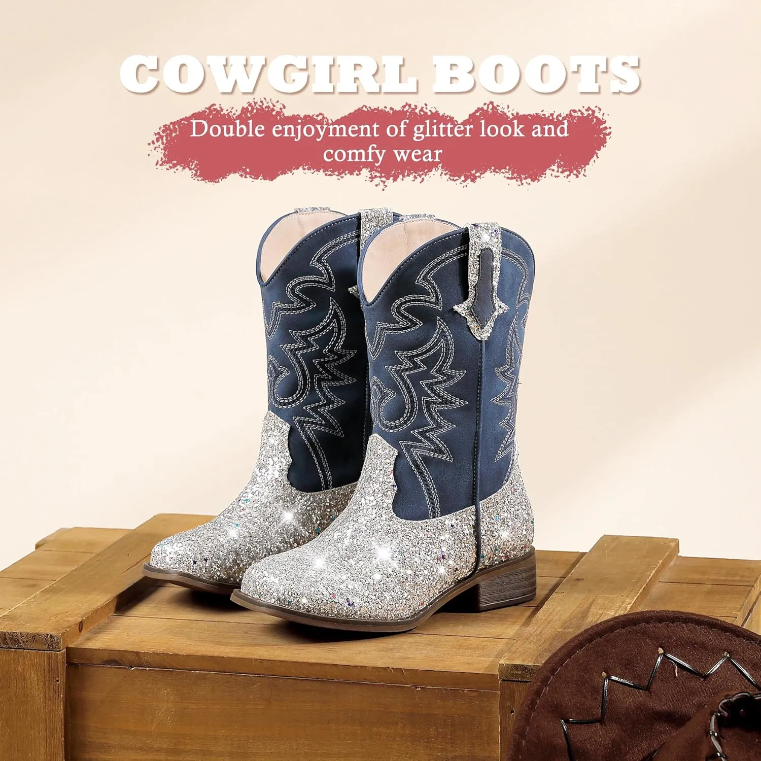 Girls Cowgirl Boots Mid Calf Square Toe Western Boot for Kids Glitter Cowboy Boot in Party for Toddler Little Big Girls Riding Shoes