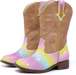 Girls Cowgirl Boots Mid Calf Square Toe Western Boot for Kids Glitter Cowboy Boot in Party for Toddler Little Big Girls Riding Shoes