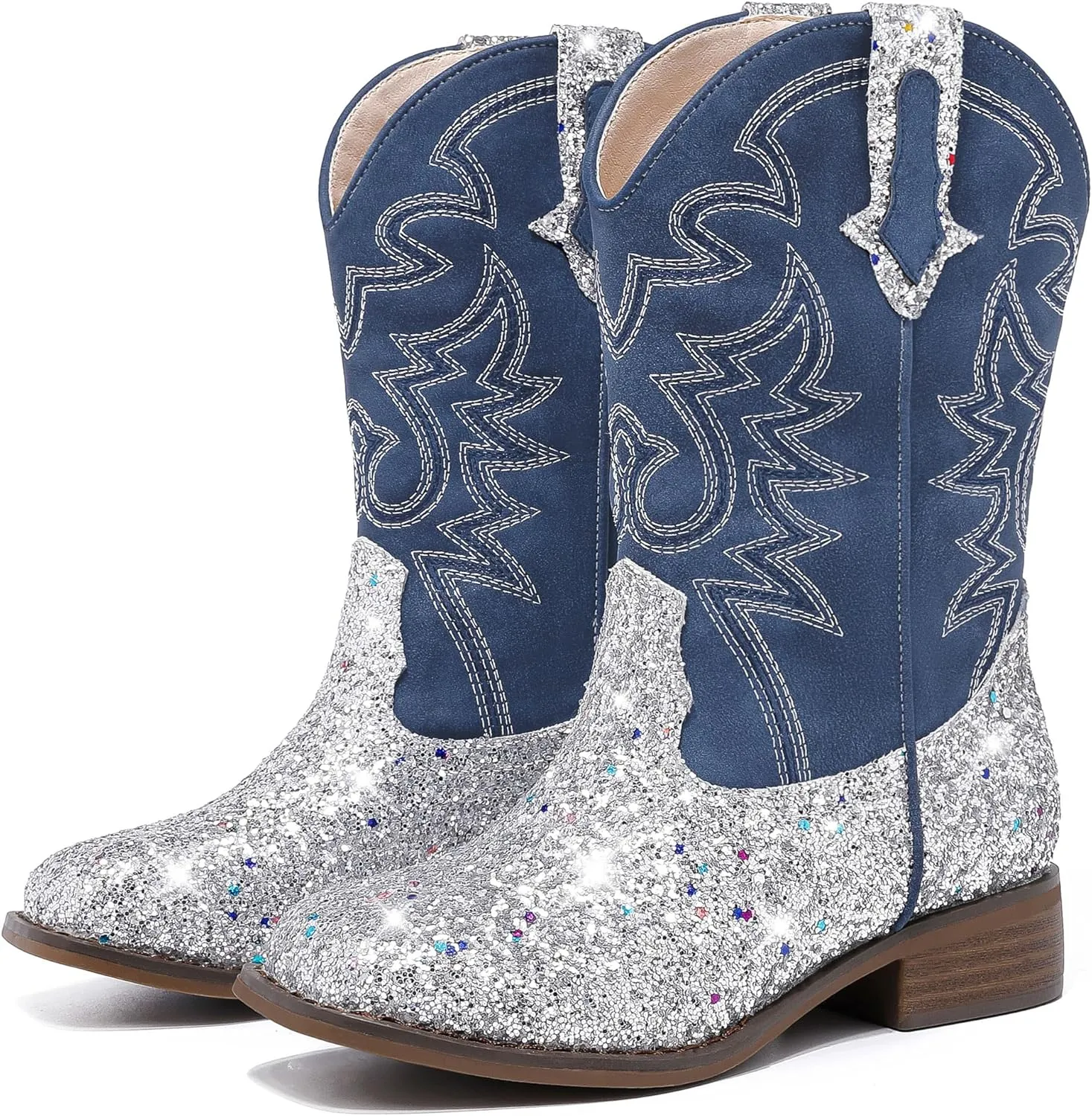 Girls Cowgirl Boots Mid Calf Square Toe Western Boot for Kids Glitter Cowboy Boot in Party for Toddler Little Big Girls Riding Shoes