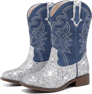 Girls Cowgirl Boots Mid Calf Square Toe Western Boot for Kids Glitter Cowboy Boot in Party for Toddler Little Big Girls Riding Shoes