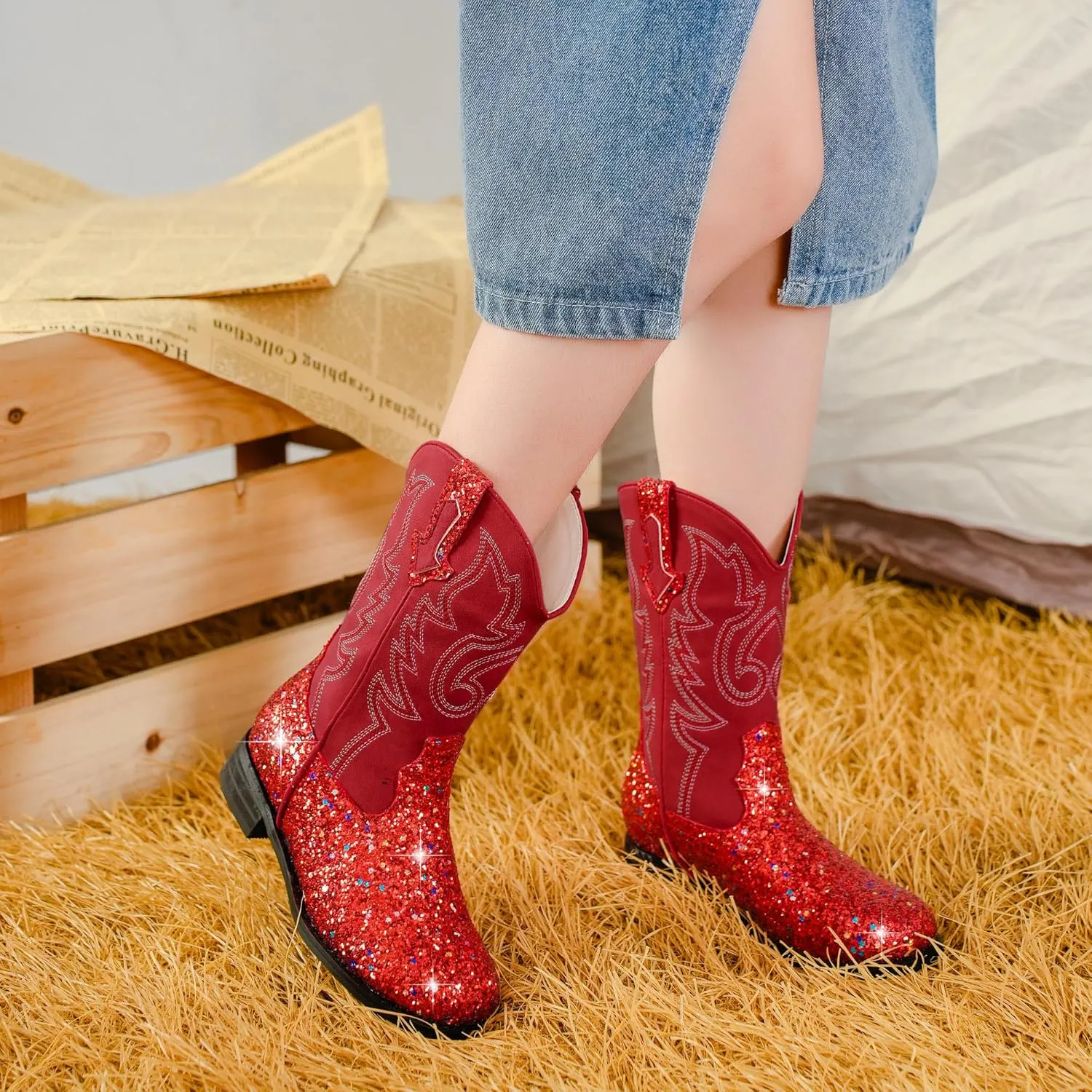 Girls Cowgirl Boots Unisex-Child Mid Calf Glitter Toddler Cowboy Boot Little Big Kids Western Riding Shoes