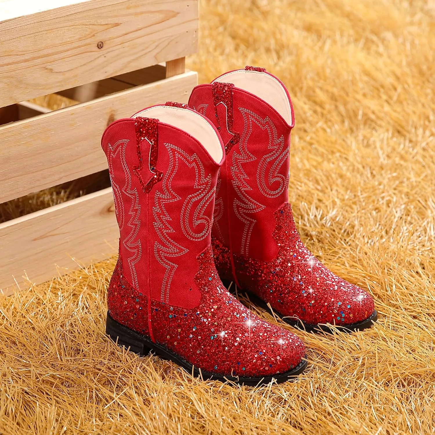 Girls Cowgirl Boots Unisex-Child Mid Calf Glitter Toddler Cowboy Boot Little Big Kids Western Riding Shoes