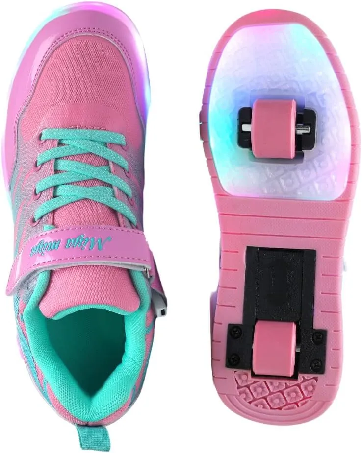 Girls Roller Shoes LED Lights Up Sneakers with Wheels Removable Lightweight Roller Skates Boys Beginners Trainers Skate Comfortable Sports Footwear Athletic USB Charge Sneaker Kids Gifts