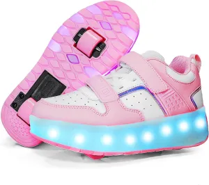 Girls Roller Shoes LED Lights Up Sneakers with Wheels Removable Lightweight Roller Skates Boys Beginners Trainers Skate Comfortable Sports Footwear Athletic USB Charge Sneaker Kids Gifts