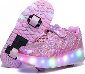 Girls Roller Shoes LED Lights Up Sneakers with Wheels Removable Lightweight Roller Skates Boys Beginners Trainers Skate Comfortable Sports Footwear Athletic USB Charge Sneaker Kids Gifts