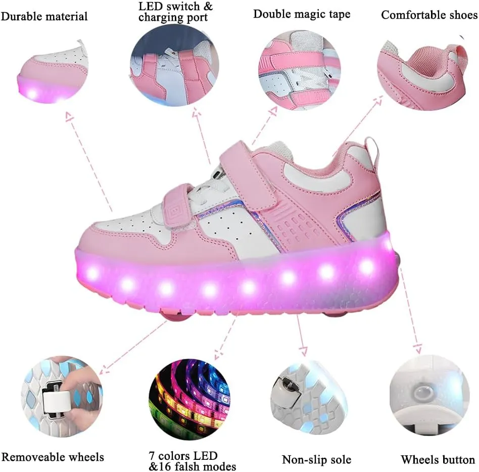 Girls Roller Shoes LED Lights Up Sneakers with Wheels Removable Lightweight Roller Skates Boys Beginners Trainers Skate Comfortable Sports Footwear Athletic USB Charge Sneaker Kids Gifts