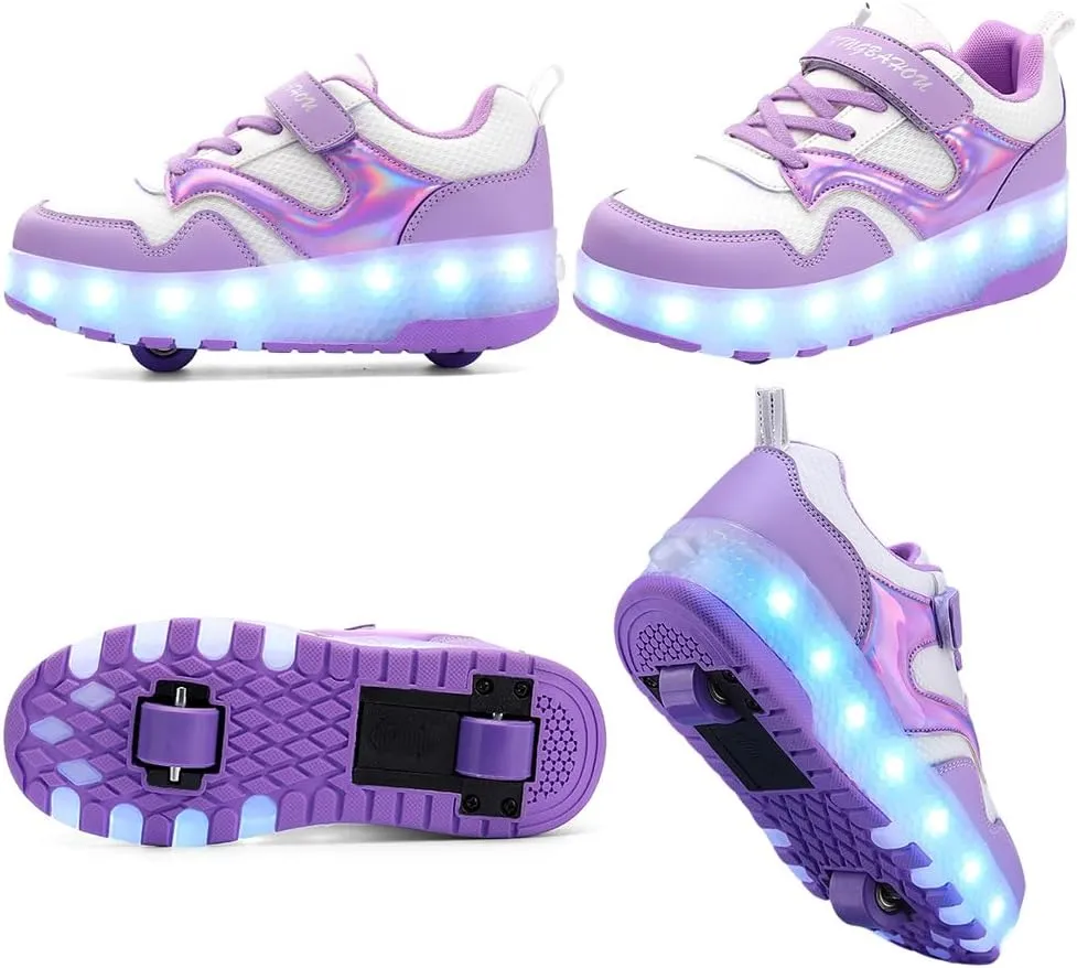 Girls Roller Shoes LED Lights Up Sneakers with Wheels Removable Lightweight Roller Skates Boys Beginners Trainers Skate Comfortable Sports Footwear Athletic USB Charge Sneaker Kids Gifts