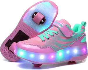 Girls Roller Shoes LED Lights Up Sneakers with Wheels Removable Lightweight Roller Skates Boys Beginners Trainers Skate Comfortable Sports Footwear Athletic USB Charge Sneaker Kids Gifts