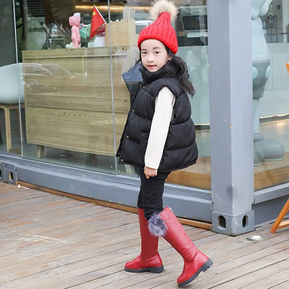 Girl's Waterproof Back Zipper Fur Tall Riding Boots Girls Knee High Boots Leather Girls Winter Boots Kids