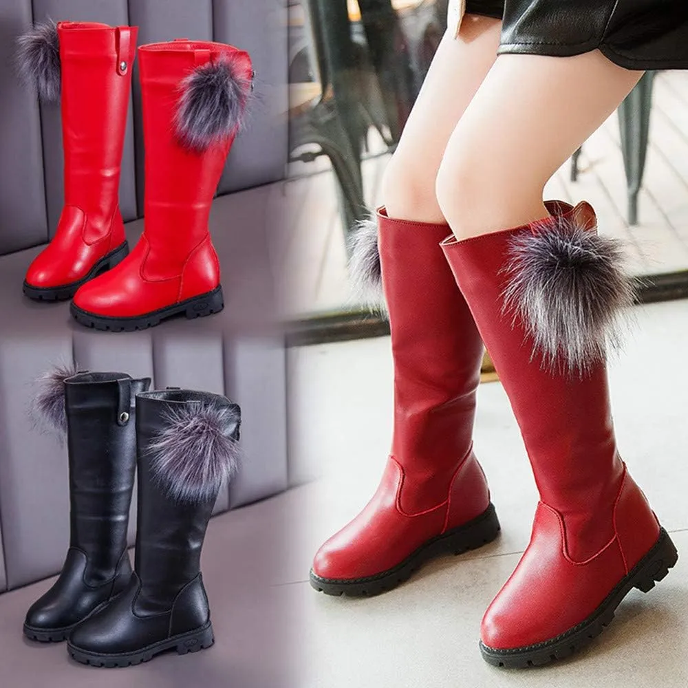 Girl's Waterproof Back Zipper Fur Tall Riding Boots Girls Knee High Boots Leather Girls Winter Boots Kids