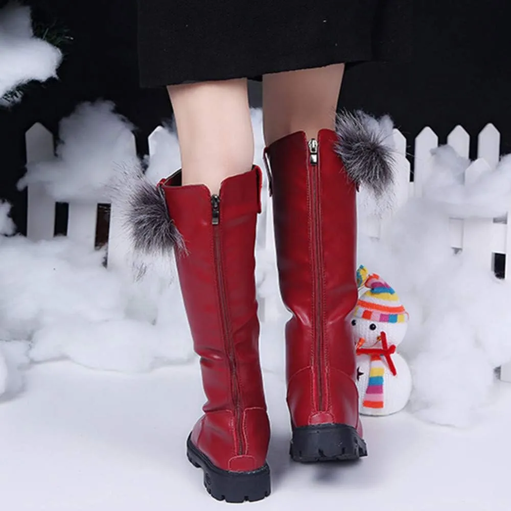 Girl's Waterproof Back Zipper Fur Tall Riding Boots Girls Knee High Boots Leather Girls Winter Boots Kids