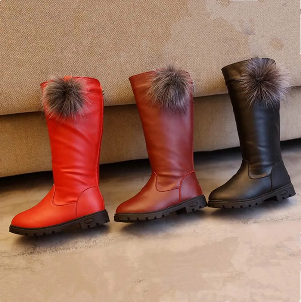 Girl's Waterproof Back Zipper Fur Tall Riding Boots Girls Knee High Boots Leather Girls Winter Boots Kids