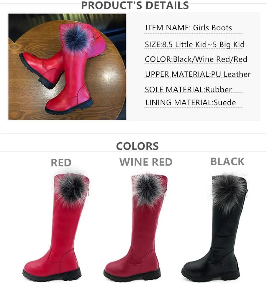 Girl's Waterproof Back Zipper Fur Tall Riding Boots Girls Knee High Boots Leather Girls Winter Boots Kids