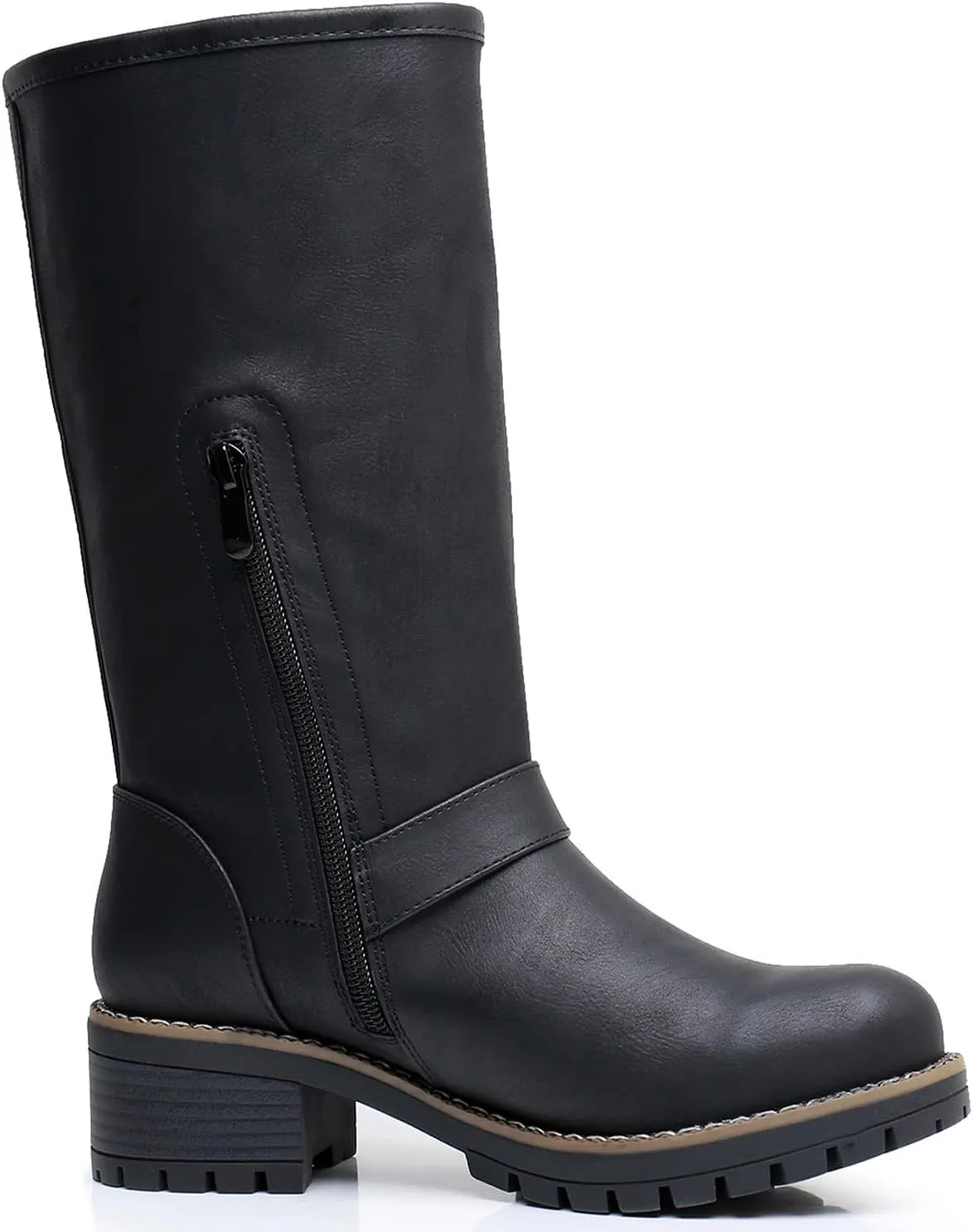 GLOBALWIN Chunky Mid Calf Fashion Dressy Motocycle Biker Military Style Combat Boots for Women Low Heel