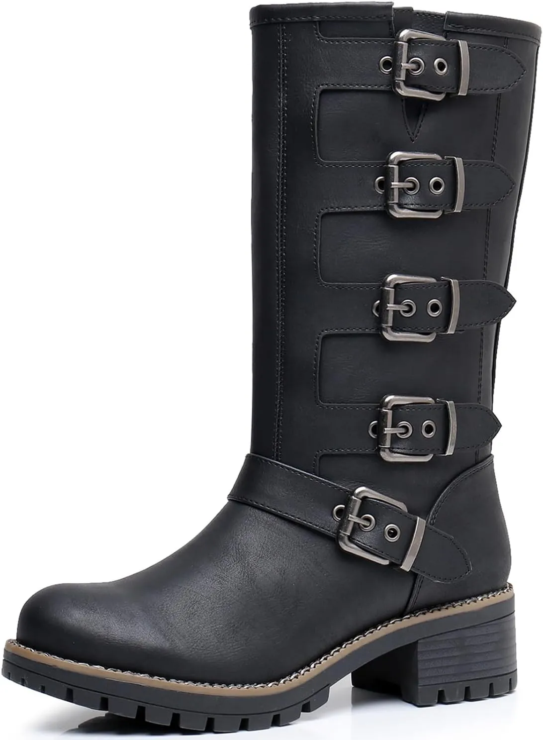GLOBALWIN Chunky Mid Calf Fashion Dressy Motocycle Biker Military Style Combat Boots for Women Low Heel